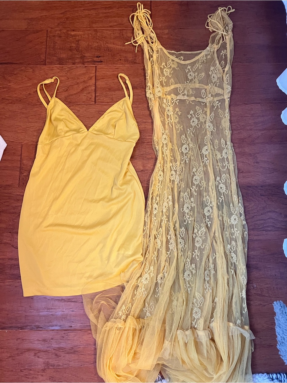Kimchi Blue Yellow Slip Dress with Sheer Lace Overlay - Picture 1 of 3